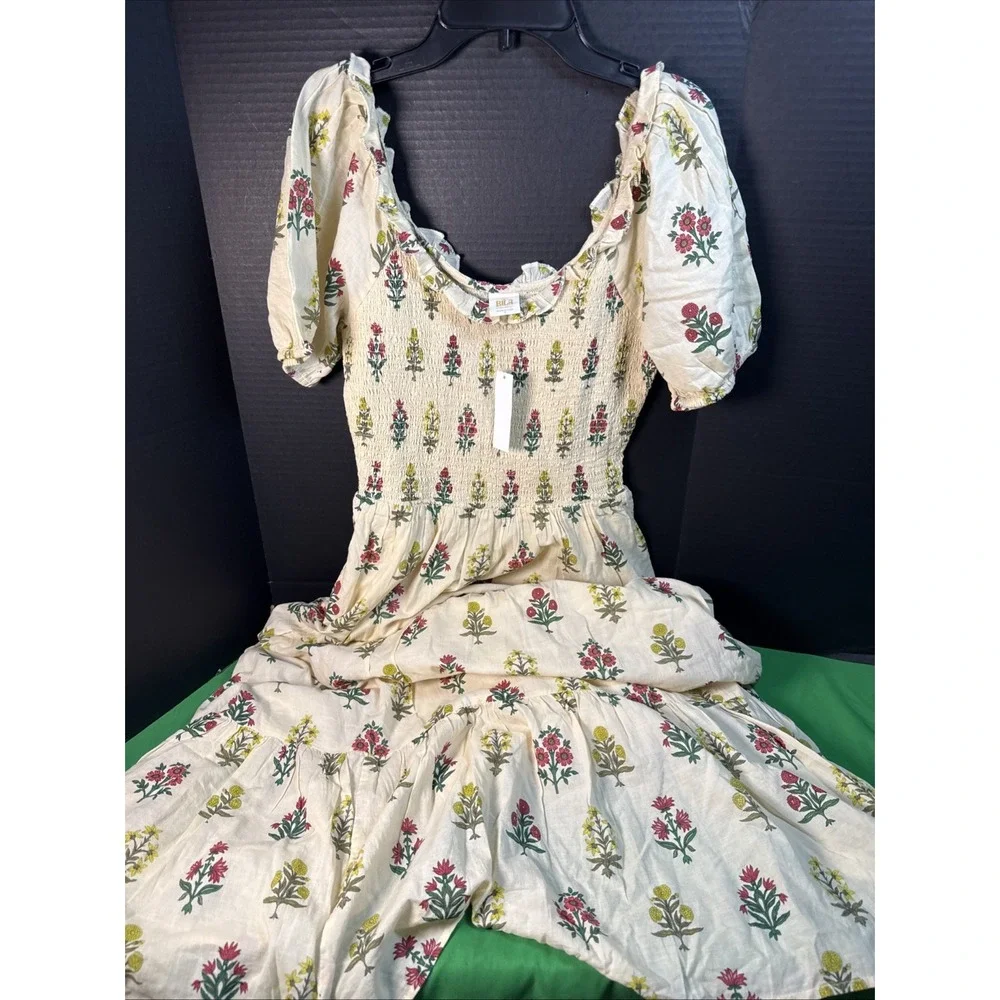 Bila Navara Cotton Maxi Dress Size S Vintage Floral Smocked Puff Sleeve Lined